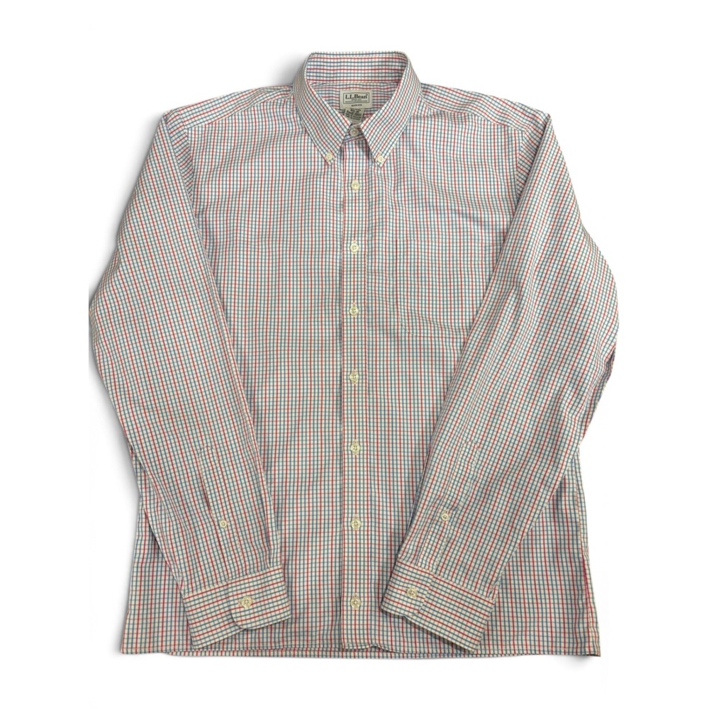 LL Bean Slim Fit Tattersall Button Down Shirt Red Blue White 16.5-36 300451